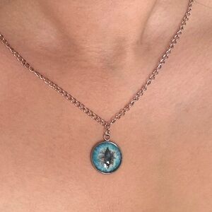 Blue Mythical Creature Cat Eye Pendant Stainless Steel Silver Chain Necklace